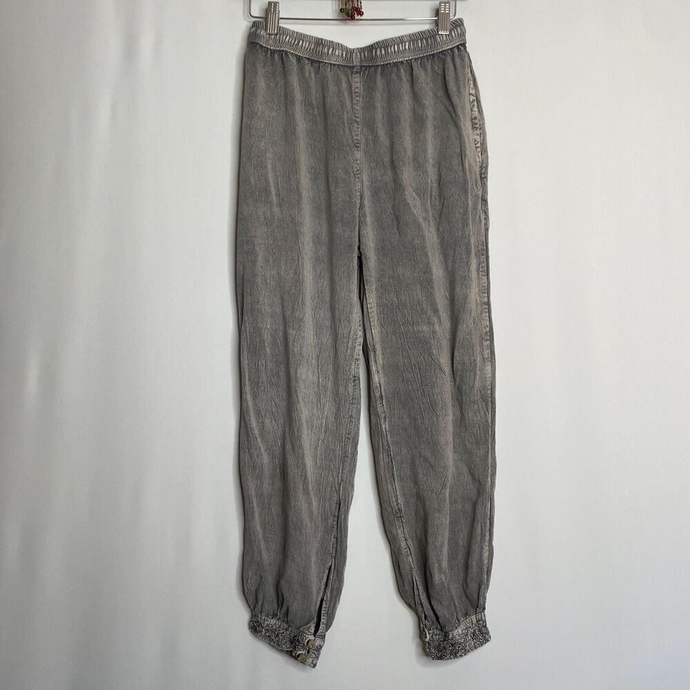 Rhea Pants Grey Pull-On Drawstring Soft Flow Viscose Pockets Embroidered XS